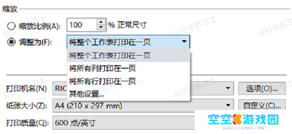 在打印设置中调整尺寸