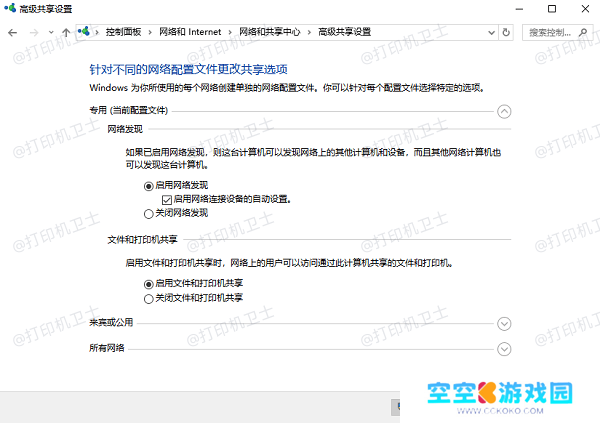 启用打印机和文件共享功能
