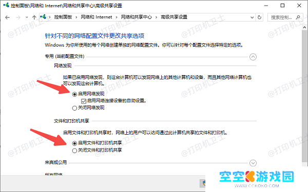 启用网络发现和打印服务